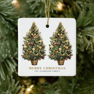 Zwei Vintage-Weihnachtsbaum Gold Fröhliche Weihnac Keramikornament