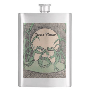 Zwei Vintager lustiger Liebe-grüne Frosch-Mond Flachmann