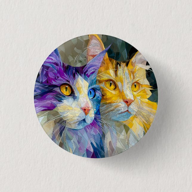 Zwei violette und gelbe Katzen Button (Vorderseite)