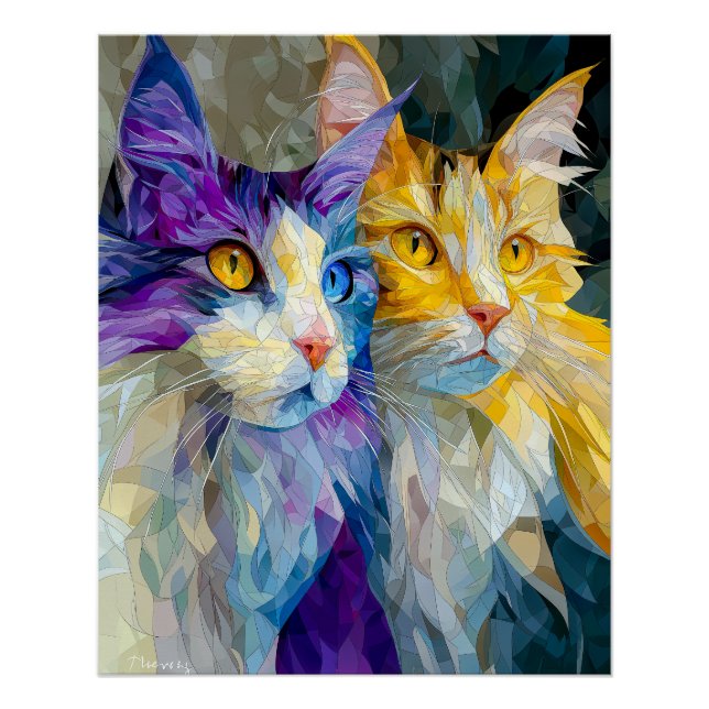 Zwei violette und gelbe Katzen Poster (Vorderseite)