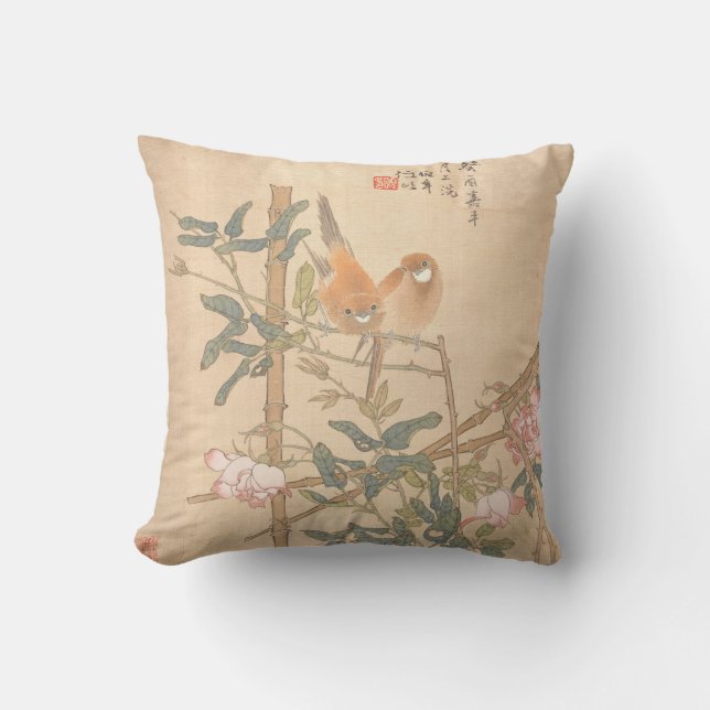 Zwei Vögel auf der Rose Bamboo Trellis Orientalisc Kissen (Vorderseite)