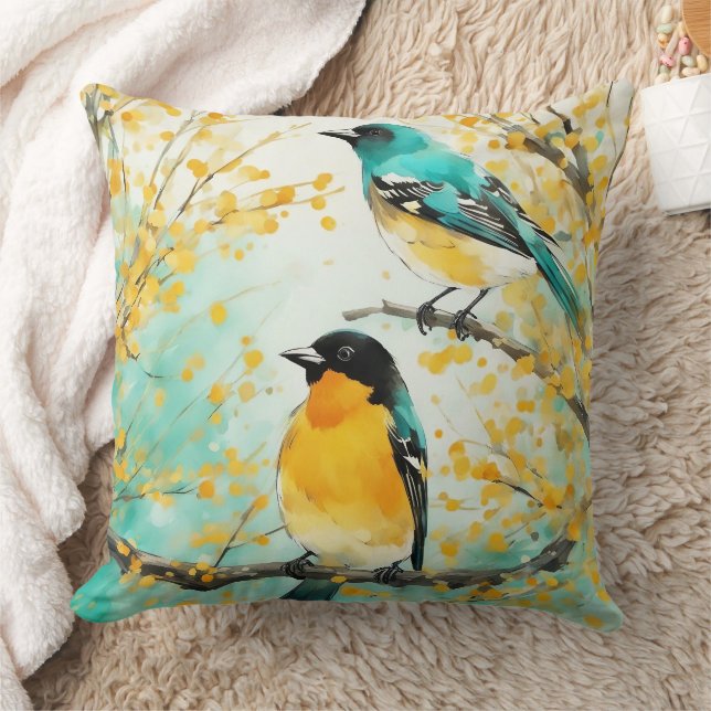 Zwei Vögel, die auf der Baumzweigung sitzen Kissen (Decke)