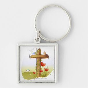 Zwei Vögel, die auf einem Kreuz hocken Schlüsselanhänger