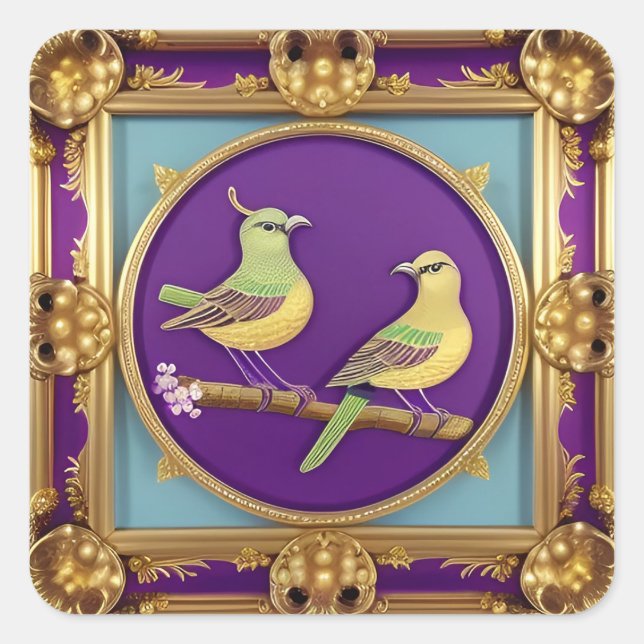 Zwei Vögel in Verziertem Goldrahmen Quadratischer Aufkleber (Vorderseite)