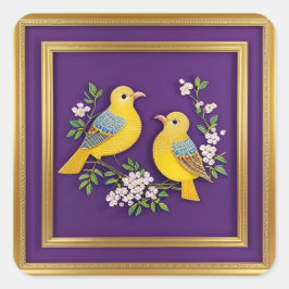 Zwei Vögel in Verziertem Goldrahmen Quadratischer Aufkleber