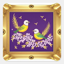 Zwei Vögel in Verziertem Goldrahmen Quadratischer Aufkleber