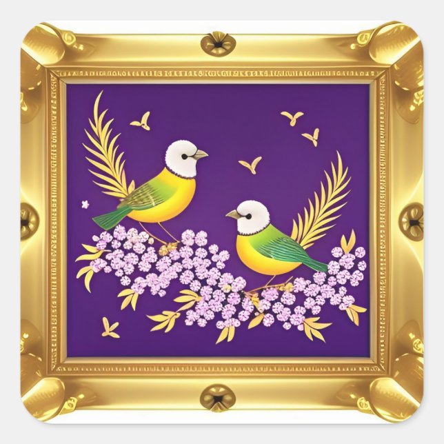 Zwei Vögel in Verziertem Goldrahmen Quadratischer Aufkleber (Vorderseite)