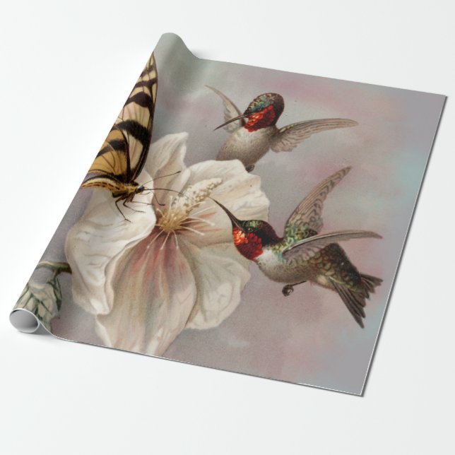 Zwei Vögel und Schmetterling Shabby Chic Dekoupage Geschenkpapier (Ungerollt)