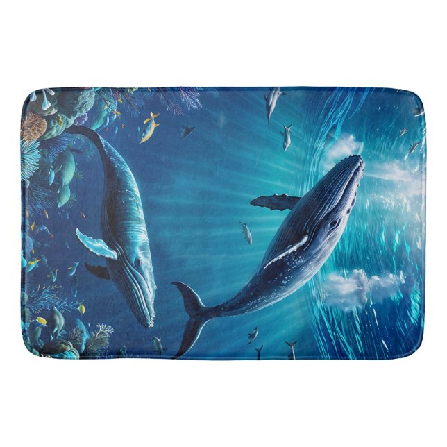 Zwei Wale schwimmen zwischen tropischen Fischen Badematte (Vorderseite)