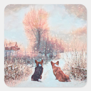 Zwei walisische Corgis First Snow Quadratischer Aufkleber