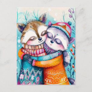 Zwei Waschbären umarmen sich im Winter Postkarte