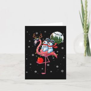 Zwei Weihnachtsschneemänner reiten Flamingo Rentie Karte