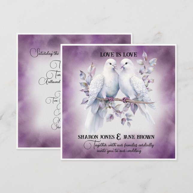 Zwei weiße Doves Lesbian Hochzeit Einladung (Vorne/Hinten)