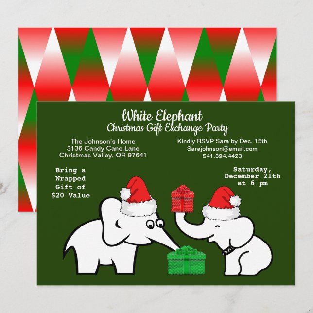 Zwei weiße Elefanten Weihnachten Diamant Muster Einladung (Vorne/Hinten)