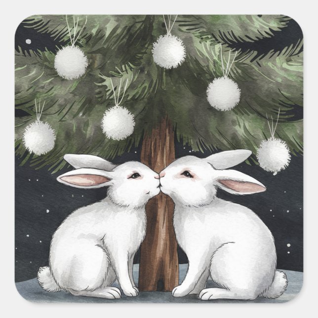 Zwei weiße Kaninchen küssen unter Weihnachtsbaum Quadratischer Aufkleber (Vorderseite)