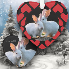 Zwei weiße Kaninchen mit roten Herzen Urlaub Ornament