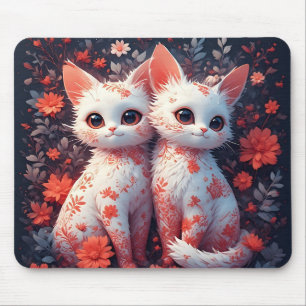 Zwei weiße Kätzchen und Blumen Mousepad