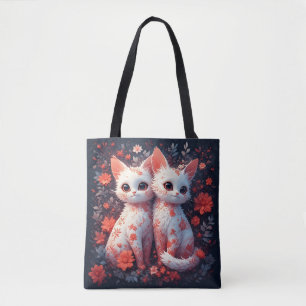 Zwei weiße Kätzchen und Blumen Tasche