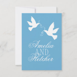 Zwei weiße Liebesvögel Blau formale Hochzeit RSVP Karte