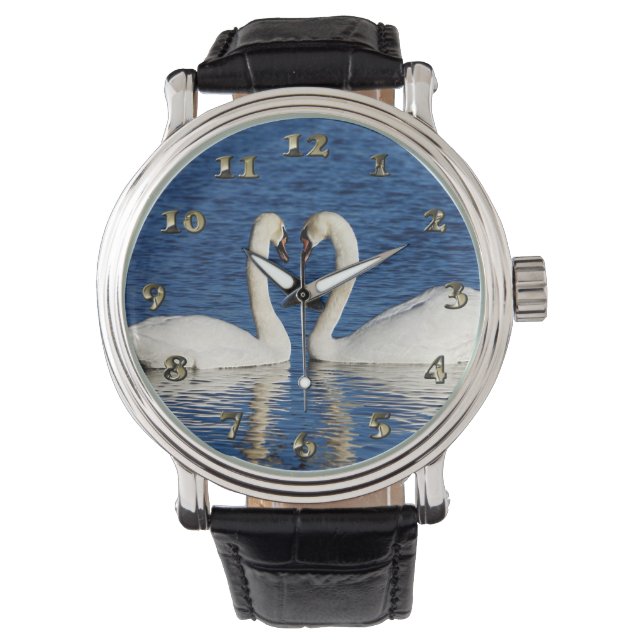Zwei weiße Schwäne bilden das Herz-Zeichen Armbanduhr (Vorderseite)