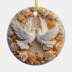 Zwei weiße Tauben inmitten eines Blumenmusters Keramik Ornament