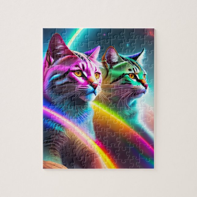 Zwei Weltraumkatzen, Neonleuchten, farbige Katzen (Vertikal)