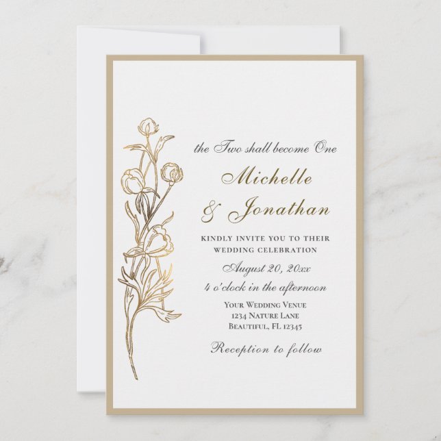 Zwei werden eine Gold Blume Christliche Hochzeit Einladung (Vorderseite)