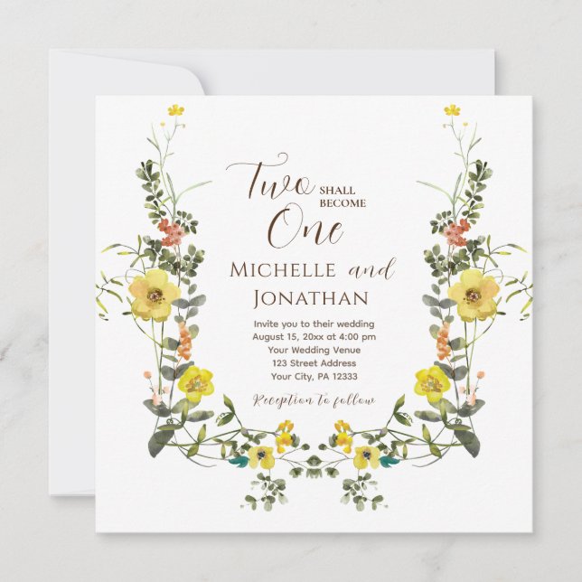 Zwei werden zu einer gelben Blütenblüte-Hochzeit Einladung (Vorderseite)