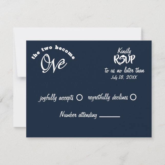 Zwei werden zu einer Navy Blue & White Wedding RSVP Karte (Vorderseite)