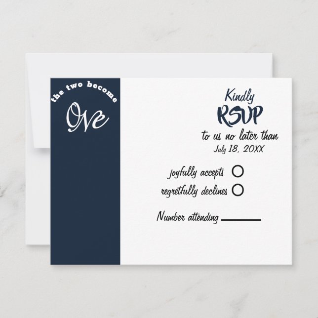 Zwei werden zu einer Navy Blue & White Wedding RSVP Karte (Vorderseite)