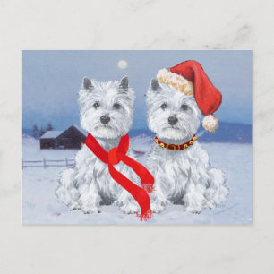 Zwei Westies an einem winterlichen Abend Postkarte
