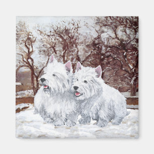 Zwei Westies in der Winterzeit Magnet
