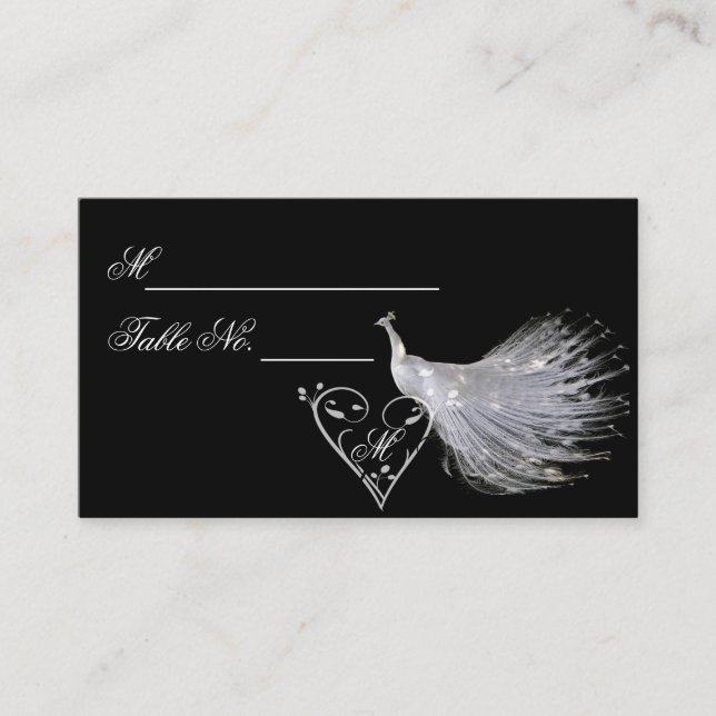 Zwei White Peacocks und die Herz Monogram Platzkar Platzkarte (Vorderseite)