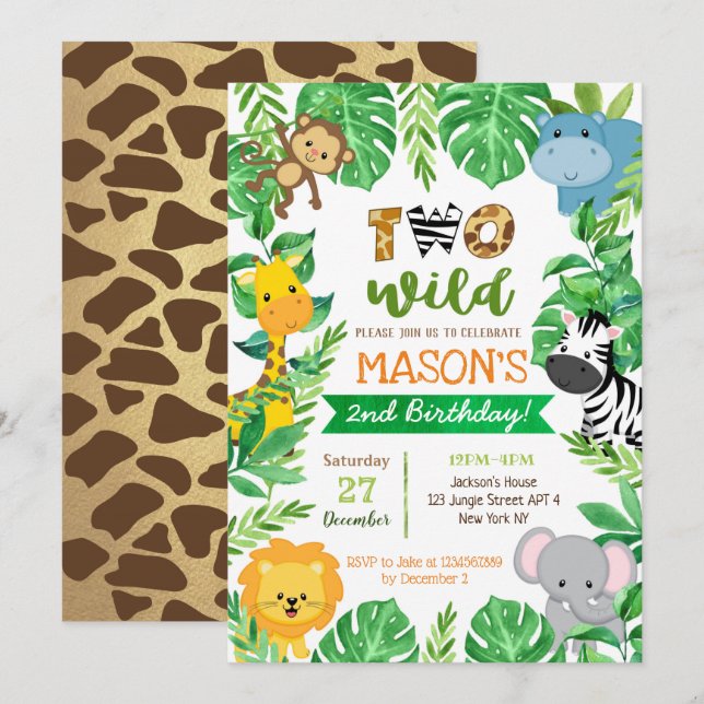 Zwei Wild 2. Geburtstag Safari Tiere Einladungen (Vorne/Hinten)