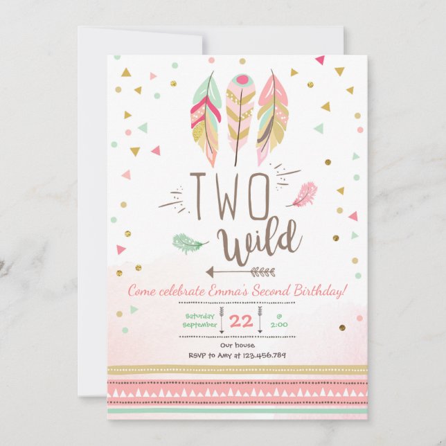 Zwei Wild Birthday Girl Pink Gold 2nd Boho Feather Einladung (Vorderseite)