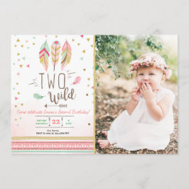 Zwei Wild Birthday Girl Pink Gold 2nd Boho Feather Einladung