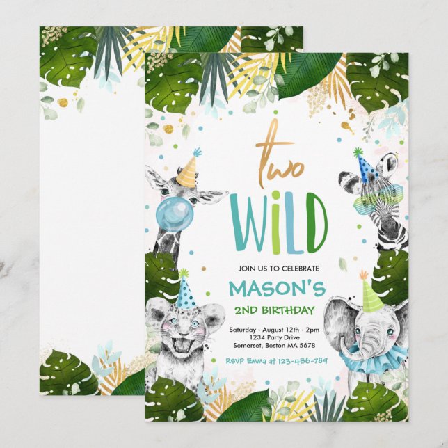 Zwei Wild Birthday Gold Safari Jungle Animals Part Einladung (Vorne/Hinten)