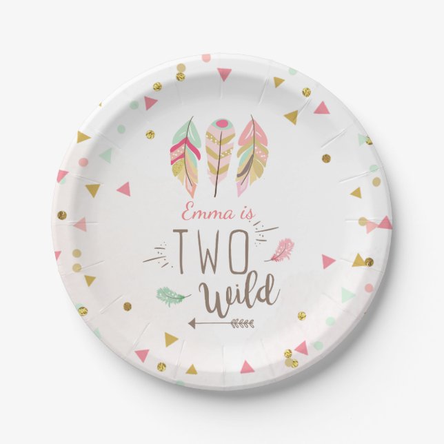 Zwei Wild-Birthday Mint Pink Gold 2. Girl Tribal Pappteller (Vorderseite)