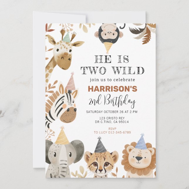 Zwei wild lebende Party Jungle Safari Tiere Geburt Einladung (Vorderseite)