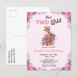 Zwei Wild Pink Safari Giraffe Floral Geburtstagspa Einladungspostkarte
