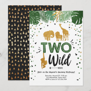Zwei Wild Safari Gold Boy Animals Geburtstagsparty Einladung