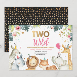Zwei Wild Safari Gold Girl Animals Geburtstagspart Einladung