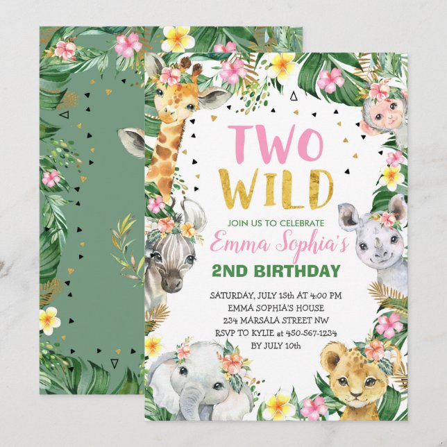 Zwei Wild Safari zum Geburtstag Einladung (Vorne/Hinten)