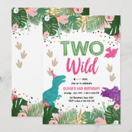 Zwei Wilde Dino Party Girl Pink Dinosaur Geburtsta Einladung