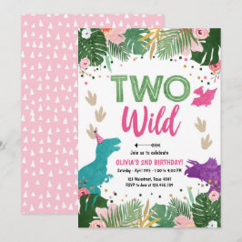 Zwei Wilde Dino Party Girl Pink Dinosaur Geburtsta Einladung