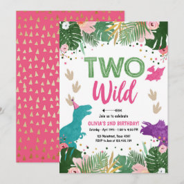 Zwei Wilde Dino Party Girl Pink Dinosaur Geburtsta Einladung