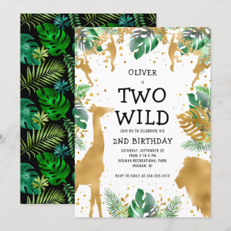 Zwei wilde Jungle Safari 2. Geburtstag Gold Green Einladung