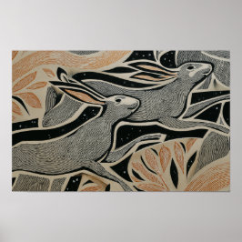 Zwei wilde Kaninchen mit Holzschnitttexturen Poster