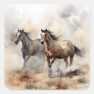 „Zwei wilde Mustangs“ staubige westliche Aquarellm Quadratischer Aufkleber