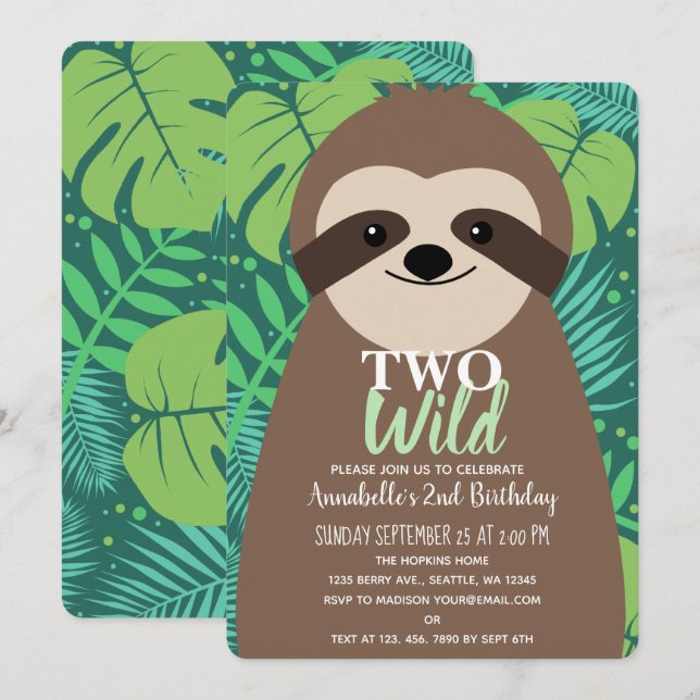 Zwei wilde, Niedliche Sloth Kids zum zweiten Gebur Einladung (Vorne/Hinten)